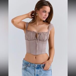 HOUSE OF CB 'Anja' Mocha Georgette Cap Sleeve Corset Top/Size S-US 4-6